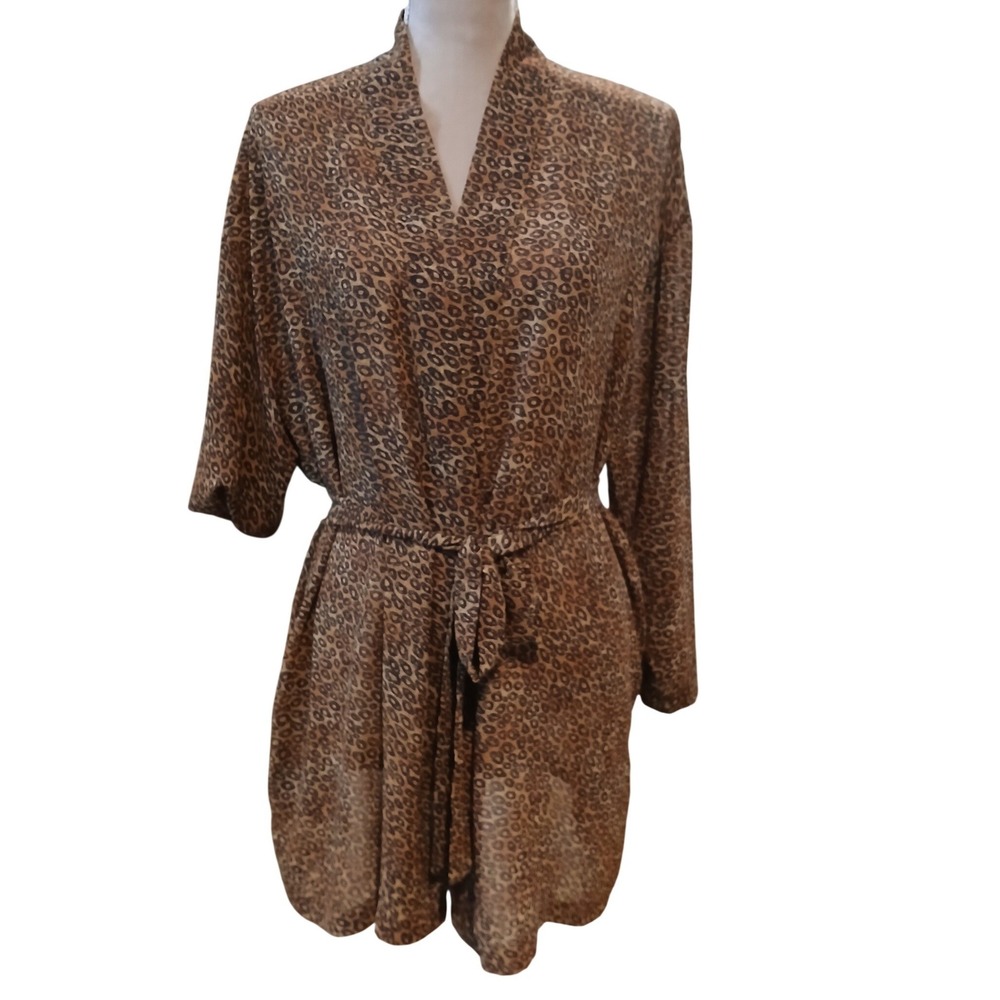 90s Victorias Secret Leopard Print Sheer Robe Brown Animal Pattern Tie Waist y2k